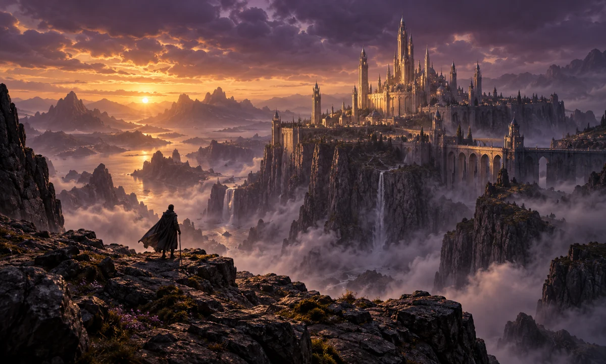 Un viajero ante una ciudad de un juego de fantasía