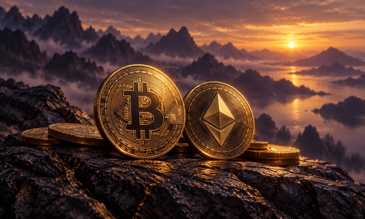 Criptomonedas en un paisaje montañoso